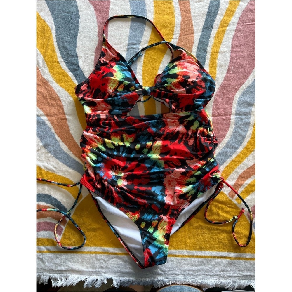 Red Tie Dye One Piece Swimsuit Ruched Cutout Adjustable Large